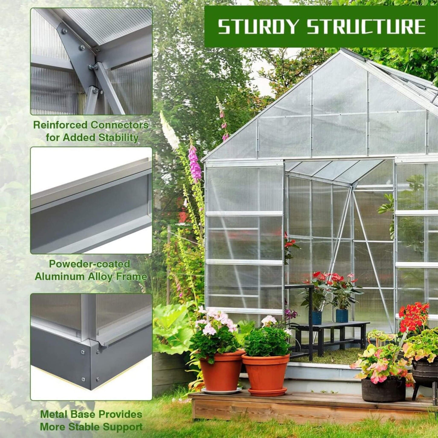 [10x16FT] Extra Large Heavy Duty Backyard Polycarbonate Aluminum Greenhouse With Sliding Doors And Vents (SAK97526)