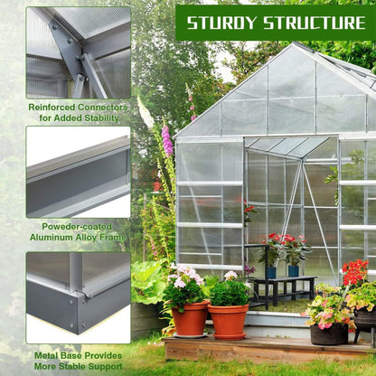[10x16FT] Extra Large Heavy Duty Backyard Polycarbonate Aluminum Greenhouse With Sliding Doors And Vents (SAK97526)