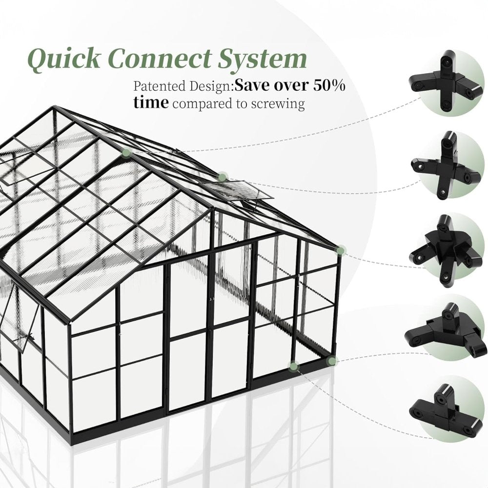 [12x13.5FT] Premium Extra Large Outdoor Aluminum Poylcarbonate Greenhouse With Quick Connect Fitting (SAK63725)