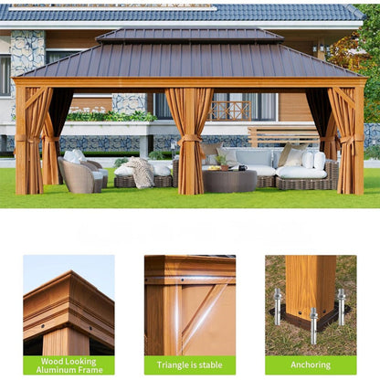 [12x20FT] AXN Premium Large Aluminum Hardtop Gazebo W/ Netting, Privacy Curtains And Wood Grain Finish (SAK58374)