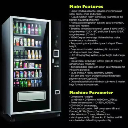 Epx Large 6FT Snacks And Drinks Combo Vending Machine With Dual Zone Refrigeration And Bill Acceptor [EP-G654] (SAK47539)