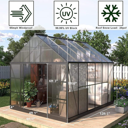 [10x12FT] Heavy Duty Outdoor Walk-In Polycarbonate Patio Greenhouse With Sliding Doors & Vents (SAK92846)