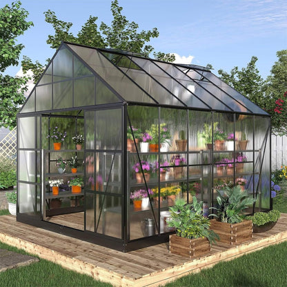 [10x12FT] Heavy Duty Outdoor Walk-In Polycarbonate Patio Greenhouse With Sliding Doors & Vents (SAK92846)